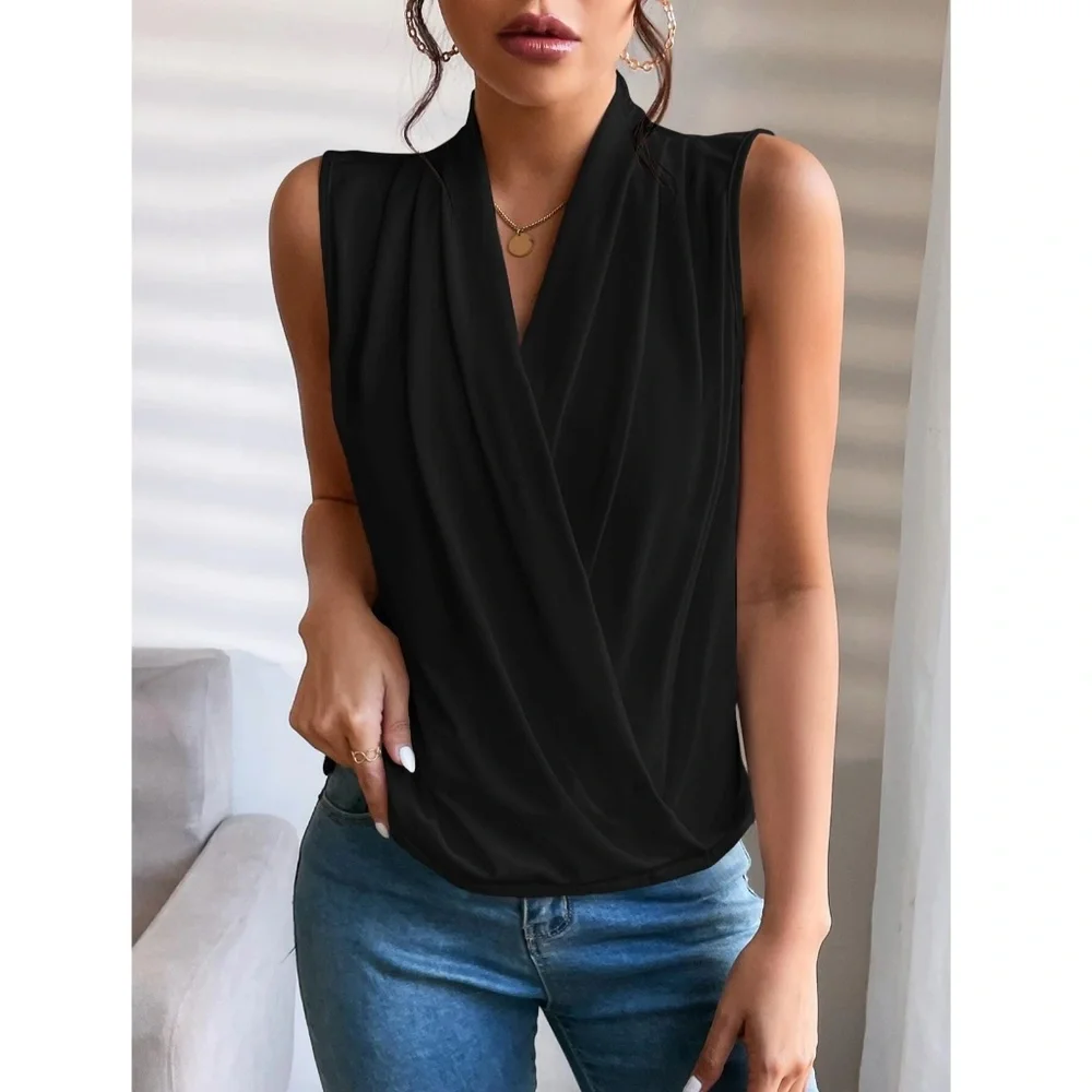 Draped Sleeveless Surplice V-Neck Blouse Top Black Overlapping Front Snap Button - Picture 1 of 6